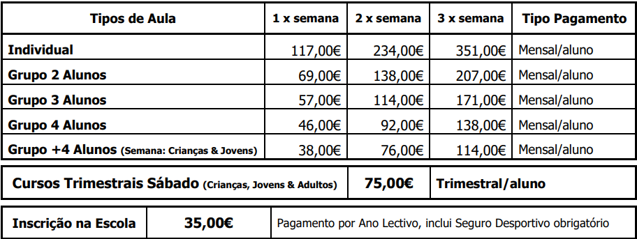 Tabela de Preços 2024/2025 - Escola MP Ténis